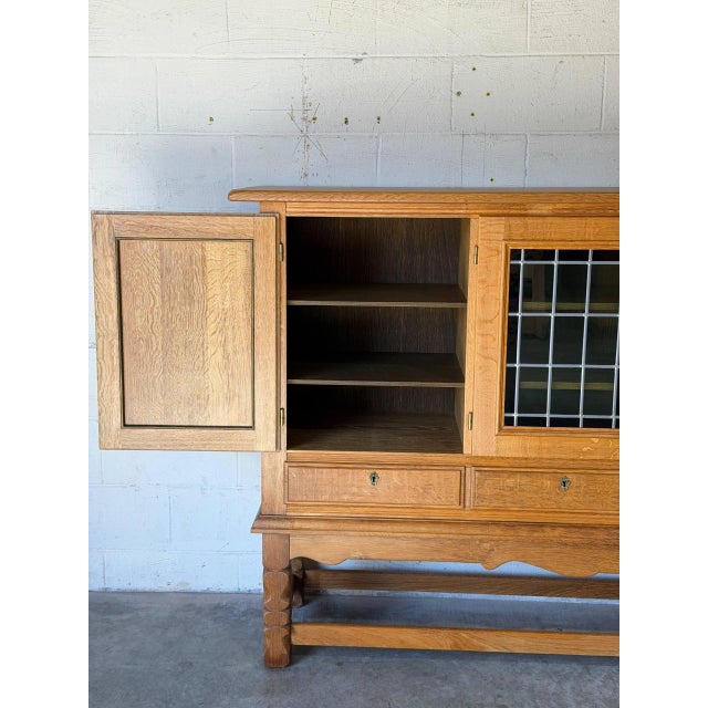 Wood Henning Kjærnulf Oak Sideboard Credenza With Leaded Glass Doors Danish Mid-Century Modern 1970s For Sale - Image 7 of 13