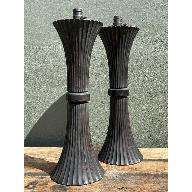 Vintage Patinated Fluted Metal Lamps - A Pair For Sale - Image 9 of 12
