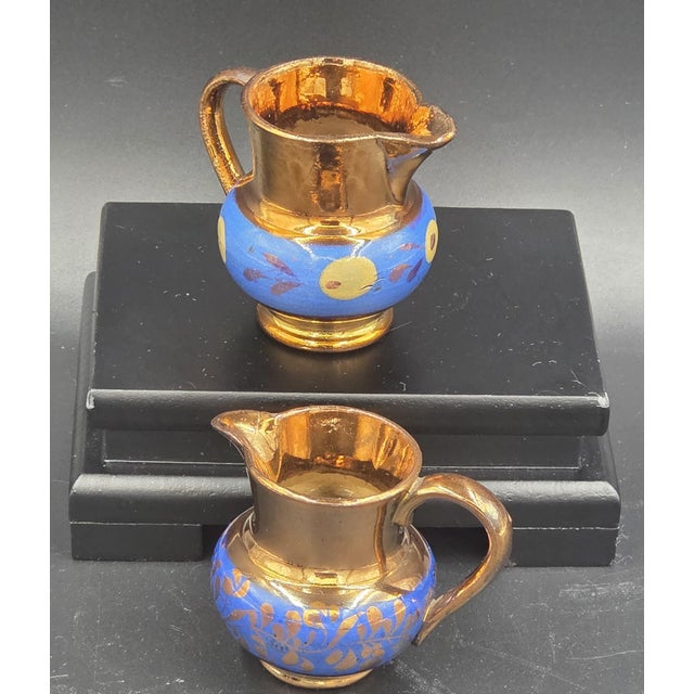 19th Century English Copper Lustreware Cobolt Blue Enamel Bands & Hand-Painterd Motifs 6 Piece Set For Sale - Image 11 of 18