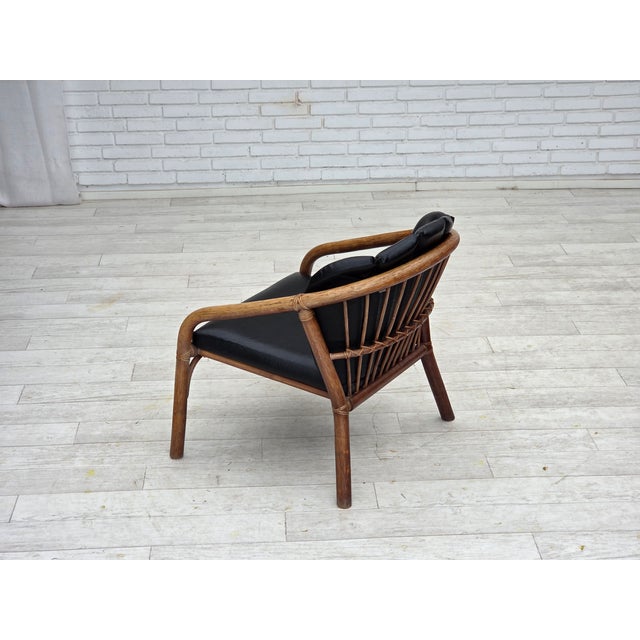 Danish Armchair in Rattan and Black Leatherette, 1970s For Sale - Image 12 of 18