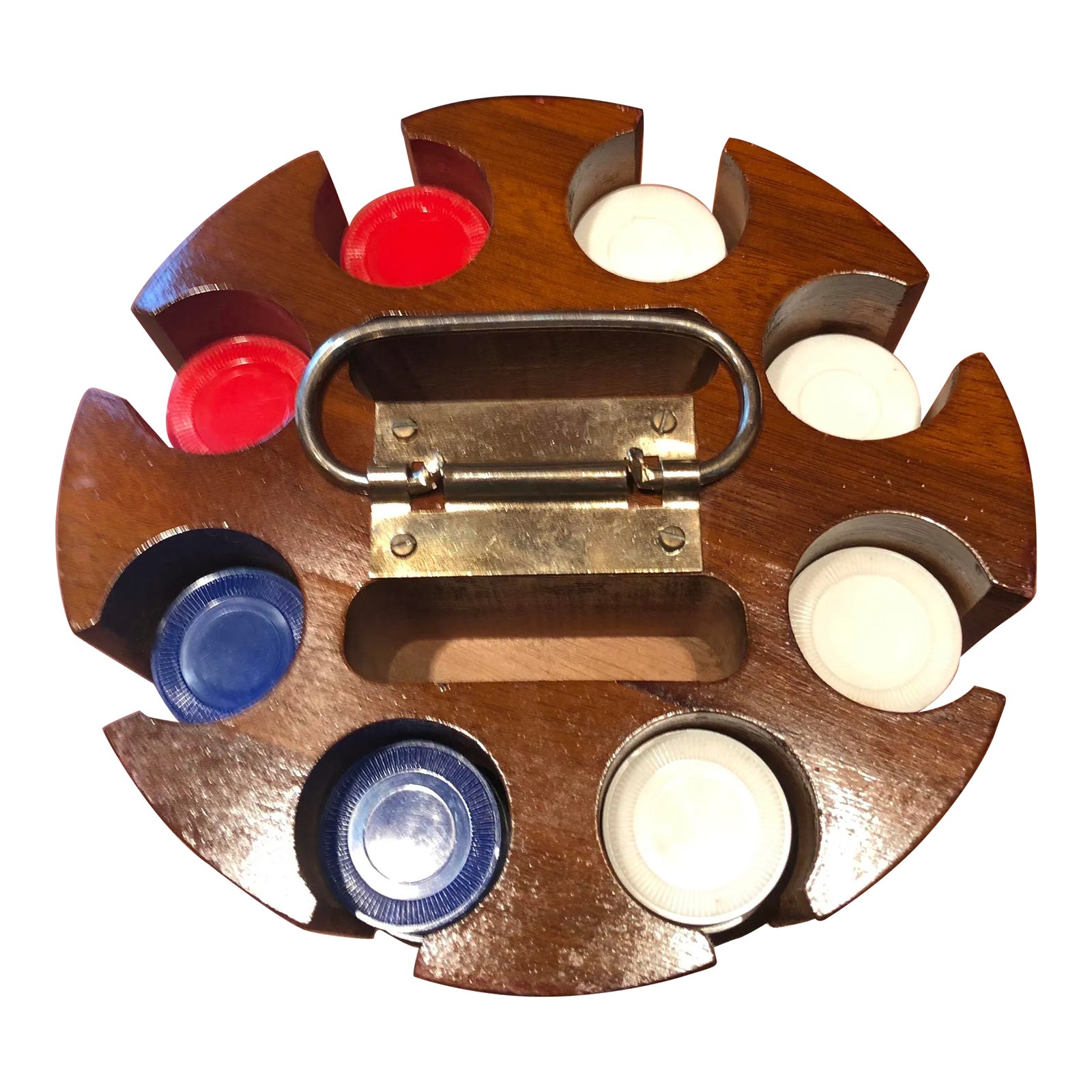 1960's Wood Poker Chip Carousel Caddy With Chips and Cards | Chairish