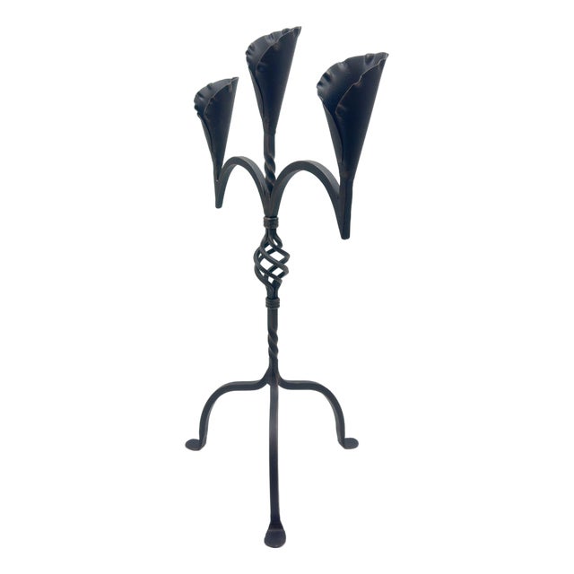 Hand Forged Iron Candelabra 27″ (68cm) Antique Copper Finish 3-Arm Wide Tulip Centerpiece Decor For Sale