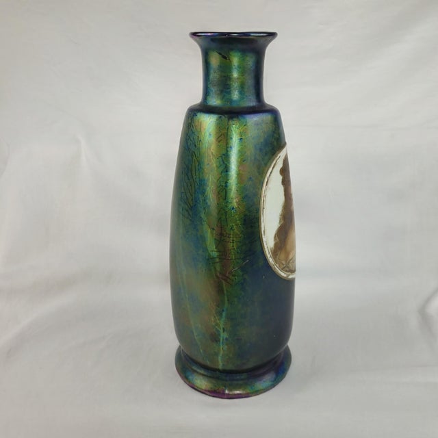 Antique Iridescent Art Glass Vase Victorian Portrait Oil Slick Finish For Sale - Image 4 of 8