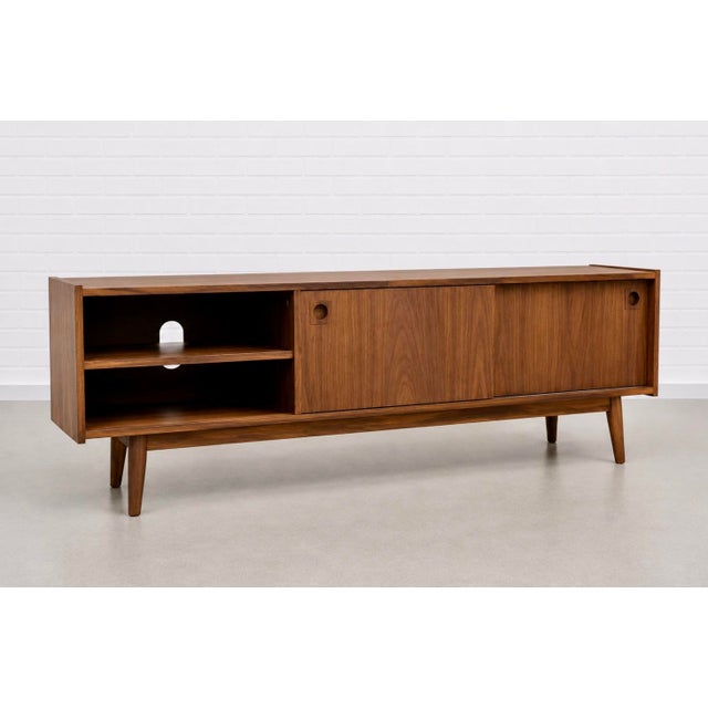 Modern Walnut Credenza / Media Console | Minimalist Sliding Door Sideboard For Sale - Image 4 of 10