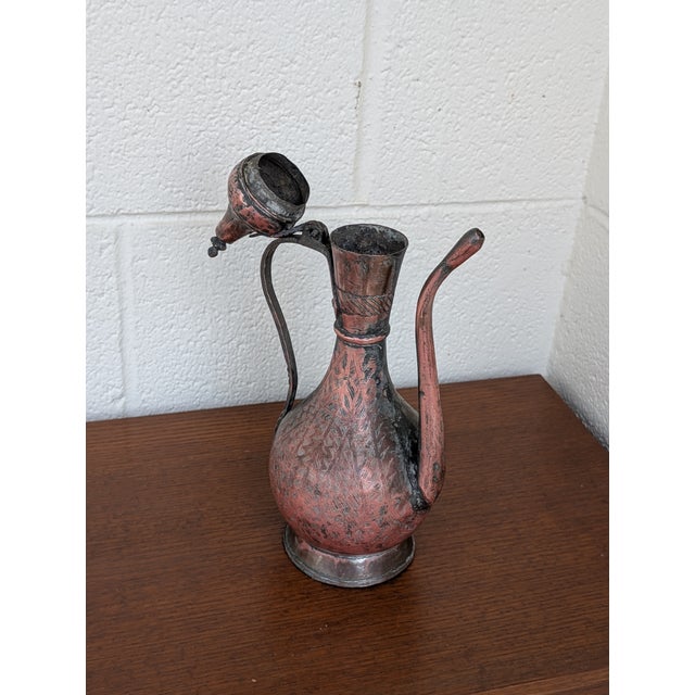 Antique Etched Middle East Turkish Ottoman Copper Jug/Pitcher For Sale - Image 4 of 8