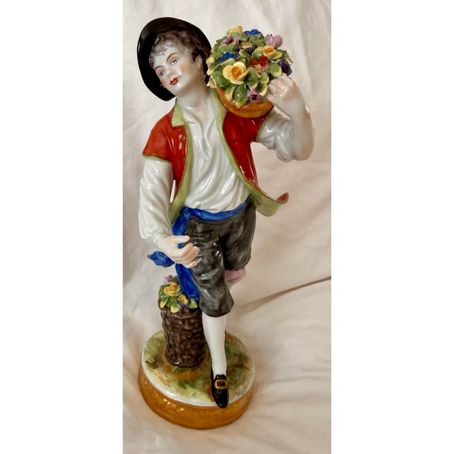 Ceramic Pair of Volkstedt German Porcelain Flower Seller Figurines For Sale - Image 7 of 12