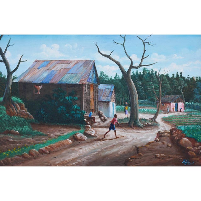 Jean-Felix Defournoy Modern Green & Brown Rural Village Landscape Painting with Playing Children, Late 20th Century For Sale - Image 10 of 12