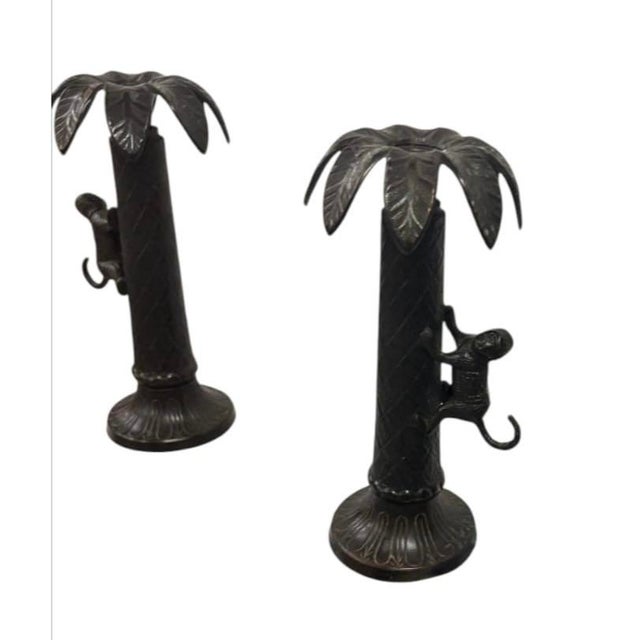 2000 - 2009 Pair of Vintage Cast Metal Palm Tree & Climbing Monkey Candlesticks For Sale - Image 5 of 12