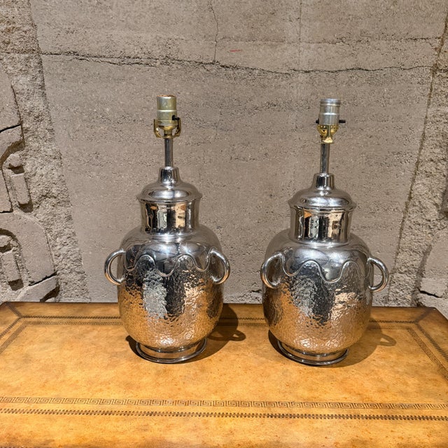 Decorative Pair Hammered Metal Table Lamps Polished Chrome Finish For Sale - Image 12 of 18