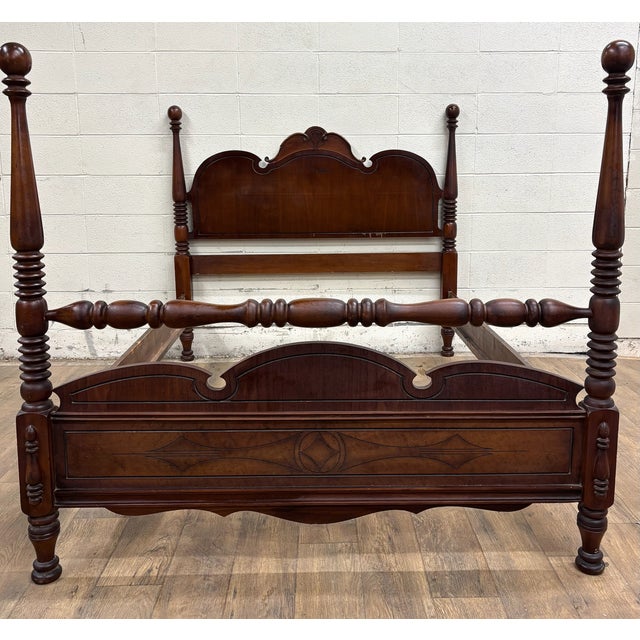 Vintage Full Size Art Deco Art Nouveau Style Walnut Low Poster Cannonball Bed For Sale - Image 4 of 16