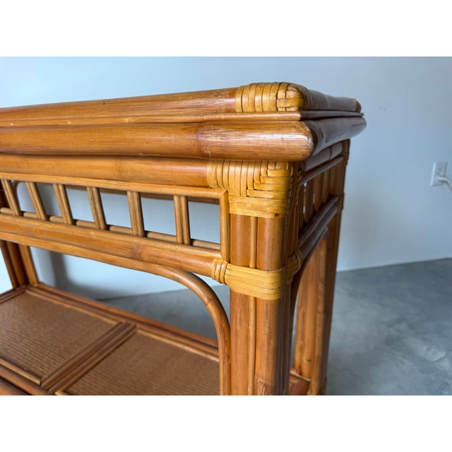 Brown Vintage Coastal Rattan & Leather Two-Tier Console Table/ Sold For Sale - Image 8 of 12