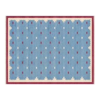 Handmade Cotton Vegetable Dyed Rug, Sky Blue, Cream and Pink Geometric Dhurrie-9'x12' For Sale