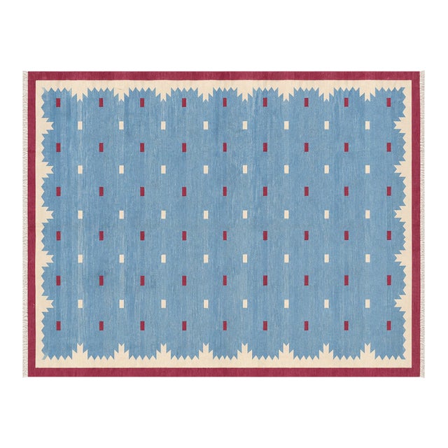 Handmade Cotton Vegetable Dyed Rug, Sky Blue, Cream and Pink Geometric Dhurrie-9'x12' For Sale