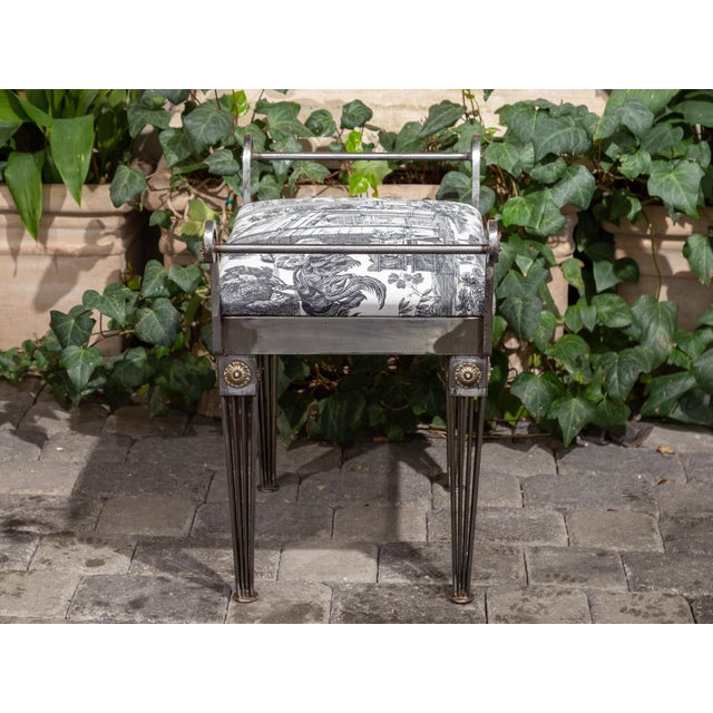 French 1930s Steel Bench with Out-Scrolling Arms, Tapered Legs and Toile Fabric For Sale - Image 10 of 12