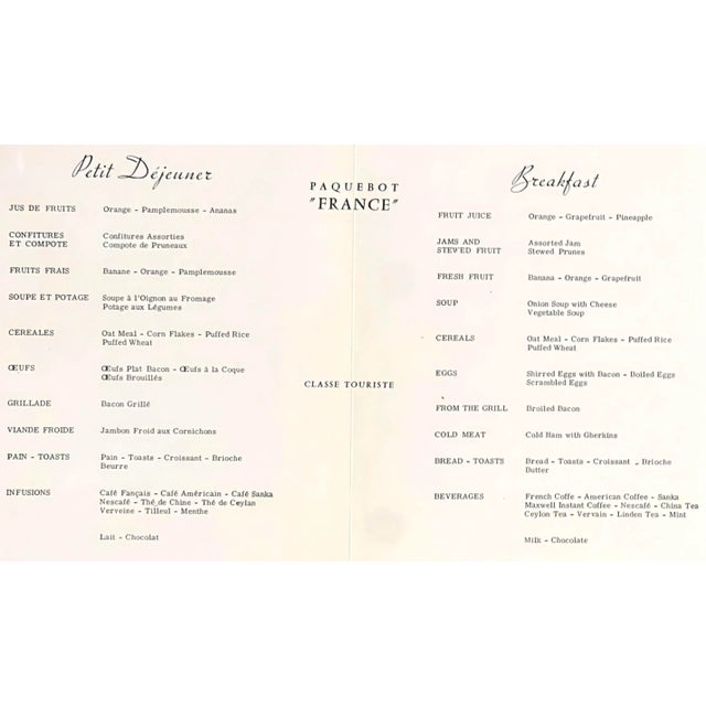 English Vintage 1965 Pair of French Menu’s Transatlantic Line Framed One Opened, One Closed For Sale - Image 3 of 8