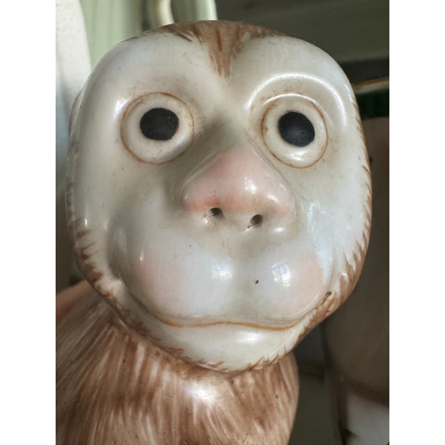 Antique Pair of Early Export Chinoiserie Ceramic Monkey Vase/Candlestick Holders For Sale - Image 4 of 12