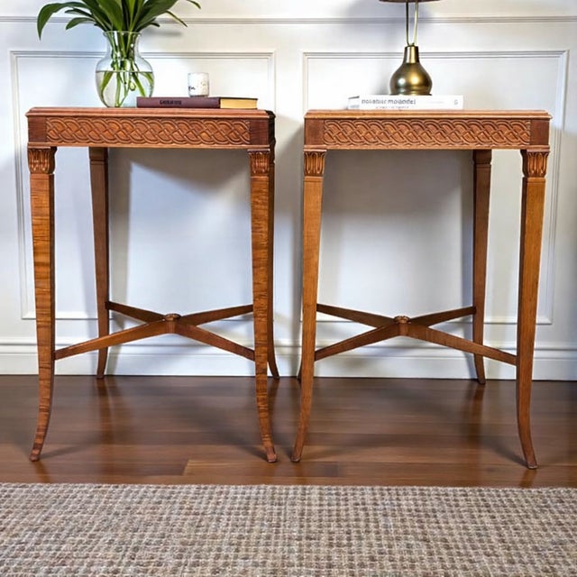 1930s Pair of Vintage Mahogany End Tables With Leather Inset Tops | Neoclassical Style | Nightstands For Sale - Image 5 of 11