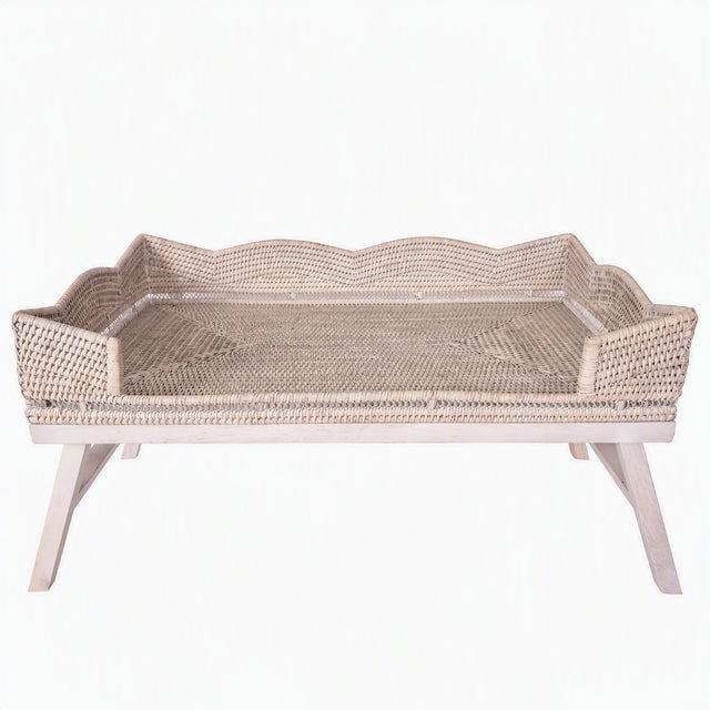 Artifacts Rattan Scallop Design Breakfast Tray with Wooden Legs, White Wash For Sale In Houston - Image 6 of 6