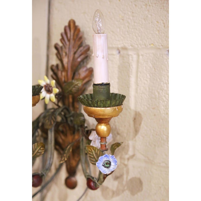 Pair of Mid-Century Italian Tole and Porcelain Floral Three-Light Wall Sconces For Sale In Dallas - Image 6 of 10