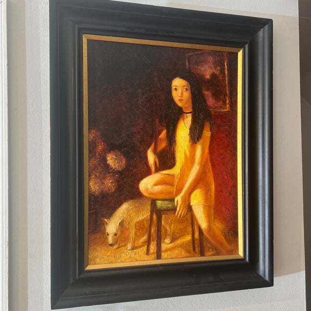 Portraiture Oil on Canvas European School Framed Signed Titled Girl With a Dog Made in 1986 by Tatiana Zeltzer For Sale - Image 3 of 12