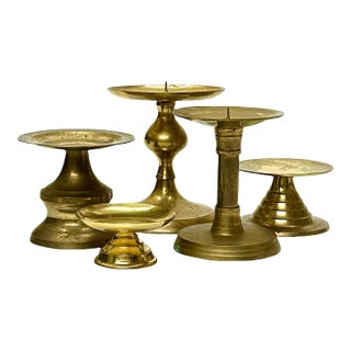 Authentic Brass Pillar Candle Holder Curation - Group of 5 For Sale