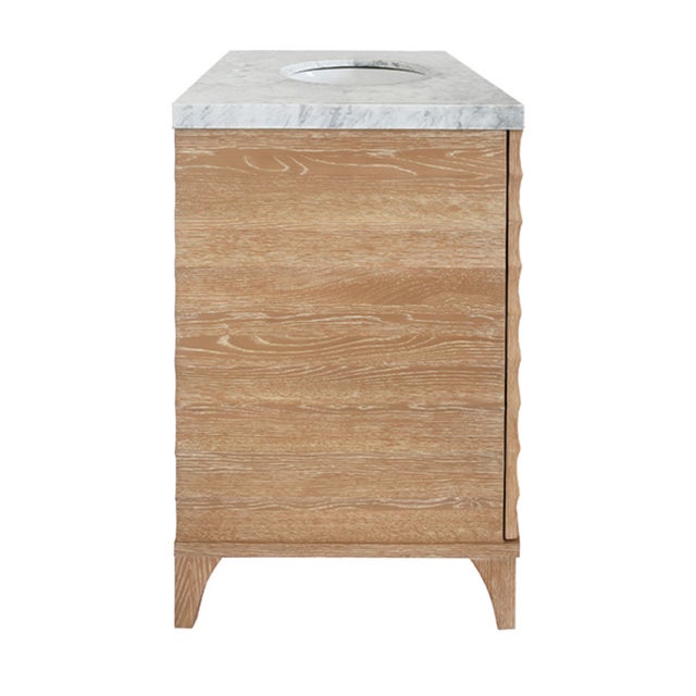 Worlds Away Matthew Izzo Home Rhodes Cerused Oak Two Fluted Doors, Single Sink Porcelain Bath Vanity With and Carrara Marble and Brass Knobs For Sale - Image 4 of 10