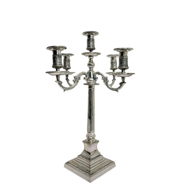 Large Empire Silverplated Brass Five-Arm Candelabras, 1940s, Set of 2 For Sale - Image 6 of 14