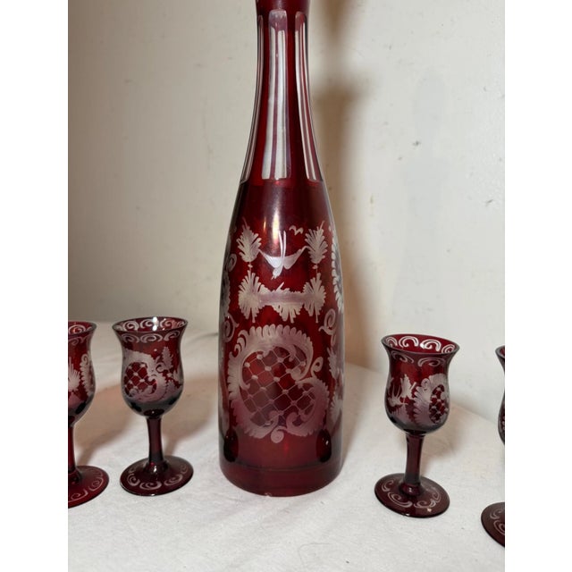 1930s Antique Cut to Clear Crystal Moser Czech Bohemian Etched Red Glass Decanter - Set of 8 For Sale - Image 5 of 12