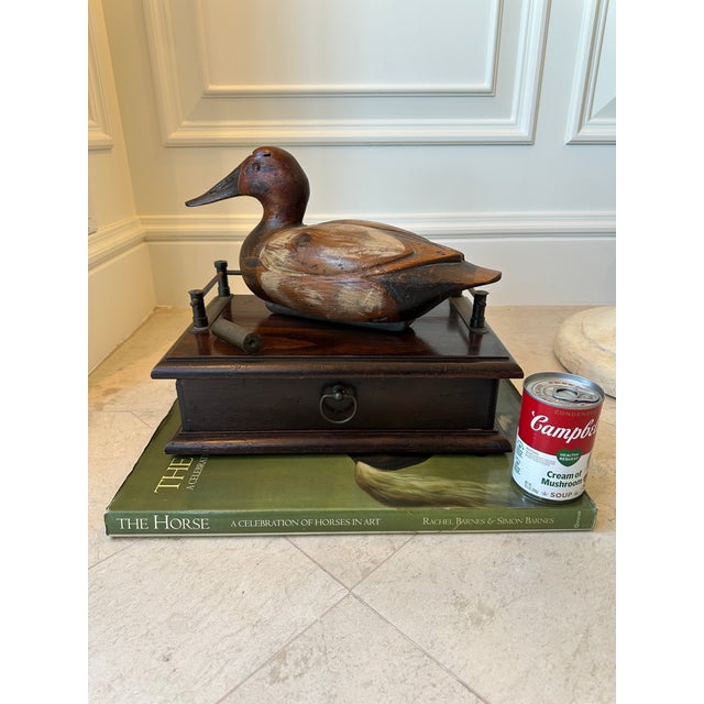 Vintage 1977 Wood Duck Decoy Atop Wood Box With Metal Galley and Drawer For Sale - Image 18 of 18