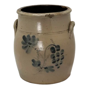 Excellent Small 1 Gallon Size Antique American Blue Grapevine Decorated Stoneware Storage Crock - Circa Mid 19th Century