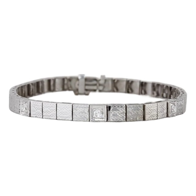 0.15ctw Diamond Square Link Bracelet 18k White Gold 6.75" 4.5mm For Sale