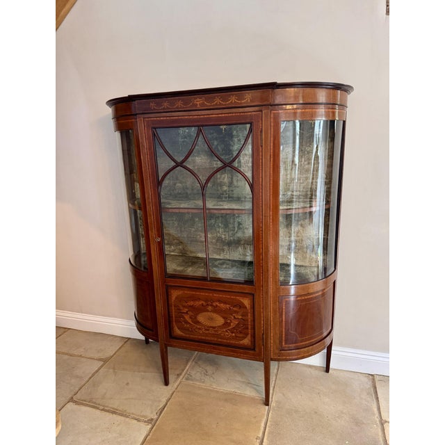 Early 20th Century Antique Edwardian Mahogany Inlaid Bowfront Display Cabinet, 1900 For Sale - Image 5 of 10