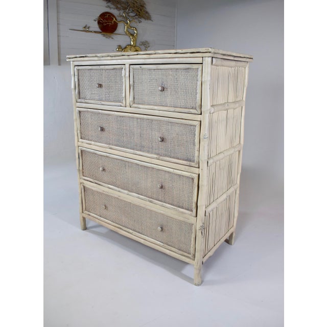 1990s Coastal Faux Bamboo Dresser With Grasscloth, White-Washed Finish For Sale In Philadelphia - Image 6 of 13
