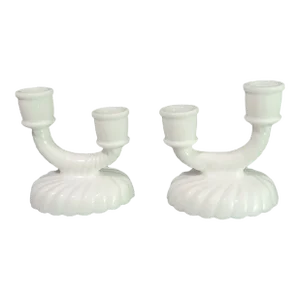 Vintage Pair of Imperial Swirl Milk Glass Double Candleholders