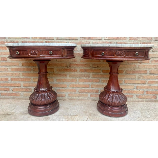 Carved Wood Demi Lune Nightstands with Marble Top, 1940, Set of 2 For Sale - Image 16 of 18