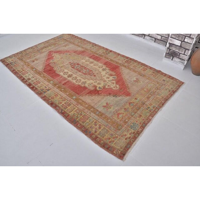 Tan Vintage Distressed Turkish Oushak Rug in Crimson Red, Navy Blue & Soft Sage For Sale - Image 8 of 10
