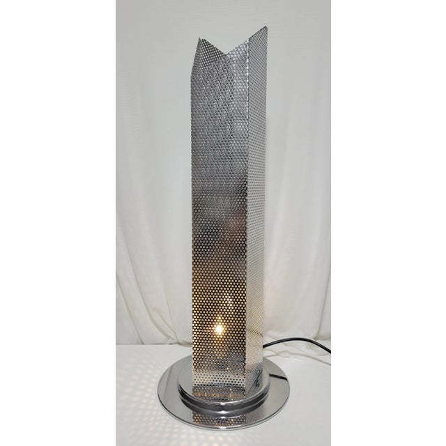 1980s Postmodern Pierced Metal Skyscraper Table Lamp For Sale - Image 10 of 11
