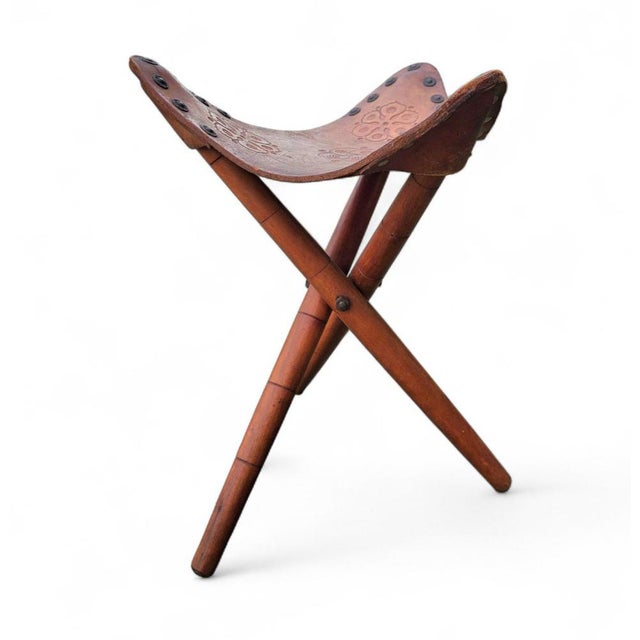 Vintage Tooled Leather Tripod Chairs, Set of 2 For Sale - Image 9 of 18