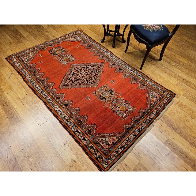 Vintage Malayer Area Rug, Hand-Knotted Wool, Geometric Tribal Pattern, 4x7, Terracotta & Navy For Sale In Chicago - Image 6 of 18
