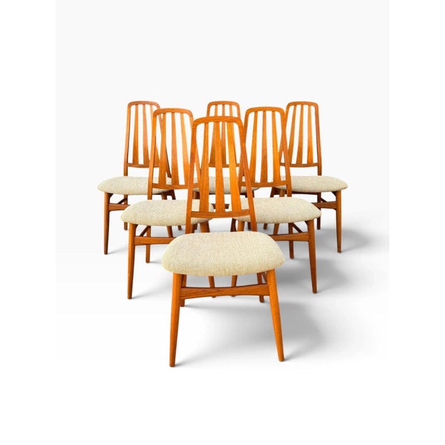 A set of six mid-century Danish modern Eva dining chairs designed by Niels Koefoed for Koefoeds Hornslet. Tall, elegant...