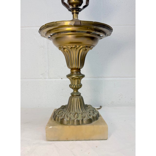 Antique Ornate 1800's Electrified Heavy Brass Marble Stone Astral Oil Table Lamp For Sale In New York - Image 6 of 11