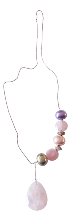 Designer Sterling Silver Chain Necklace With Brazilian Rose Quartz/Pearls