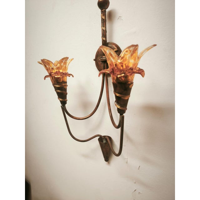 Gold Two-Light Wall Lamp with Murano Glass, 1980s For Sale - Image 8 of 11