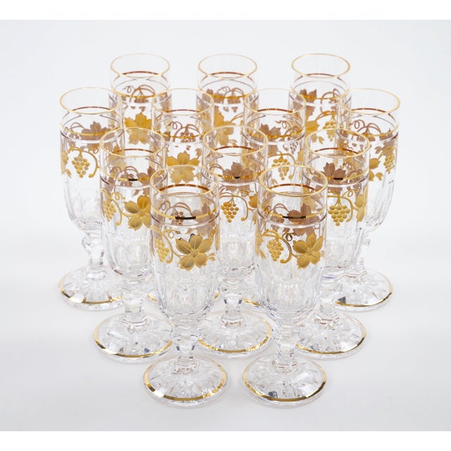 Glass Val Saint Lambert Set of 12 Gilt Gold-Decorated Tableware Flute Service For Sale - Image 7 of 14