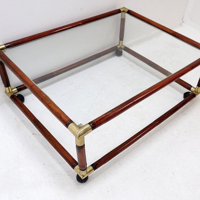 Wood Coffee Table in Bamboo and Brass with Glass Top by Tommaso Barbi, 1960s For Sale - Image 7 of 14