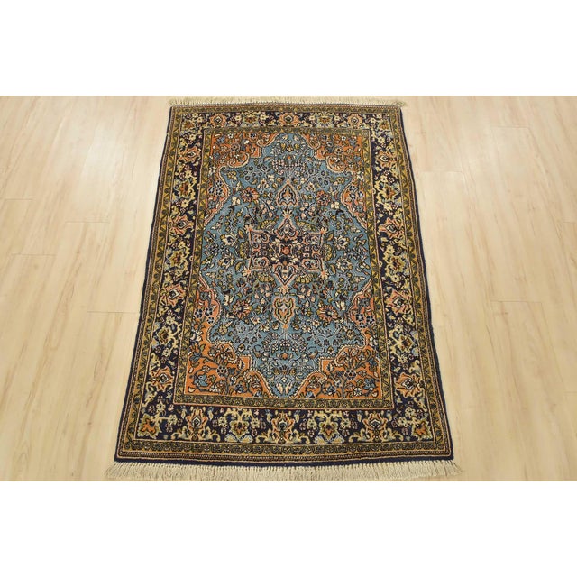 Farmhouse Qom Rug 3’7” X 5’3” Blue Wool Vintage Traditional Hand-Knotted Carpet For Sale - Image 3 of 12