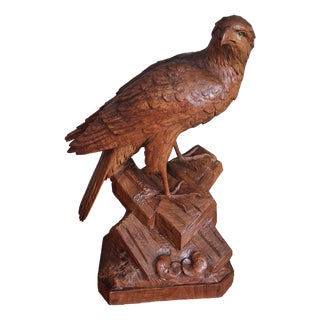 Brienz Swiss Woodcarvers, Eagle Sculpture, 1920s, Glass and Wood For Sale