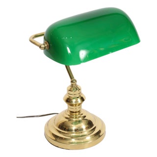 Vintage Green Glass Brass Articulated Bankers Desk Lamp For Sale