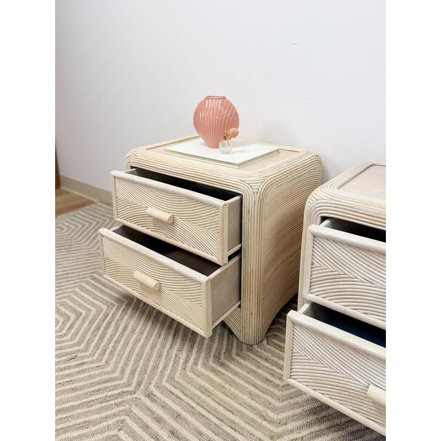 White Pair of Vintage Pencil Reed Rattan Nightstand Coastal Hollywood Regency Tables For Sale - Image 8 of 11