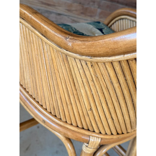 Contemporary Set of Four Vintage Boho Organic Modern Rattan Bar Stools With Pencil Rattan Backs For Sale - Image 3 of 12